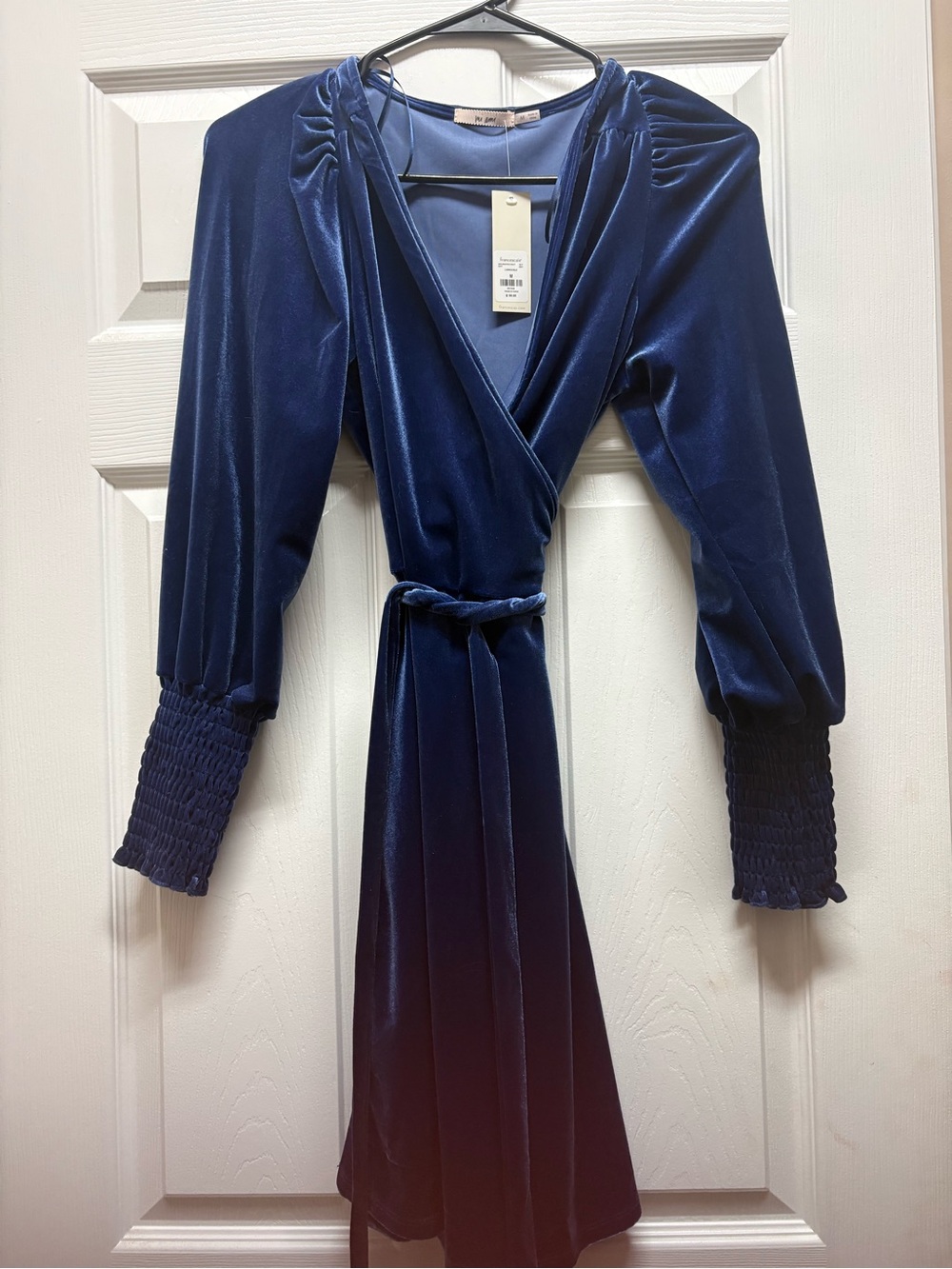 Francesca's Collections Navy Velvet Wrap Dress with Smocked Cuffs